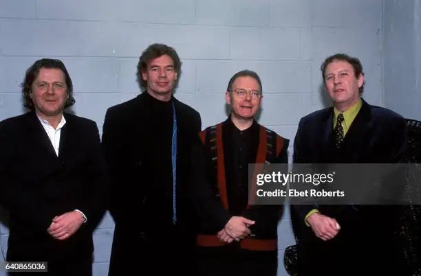 John Wetton, Bill Bruford, Robert Fripp, and David Cross of King Crimson photographed at HMV record store in New York City on January 17, 1997. (Photo by Ebet Roberts/Getty Images) #JohnWetton #KingCrimson <a href="/frippofficial/">Robert Fripp</a>
