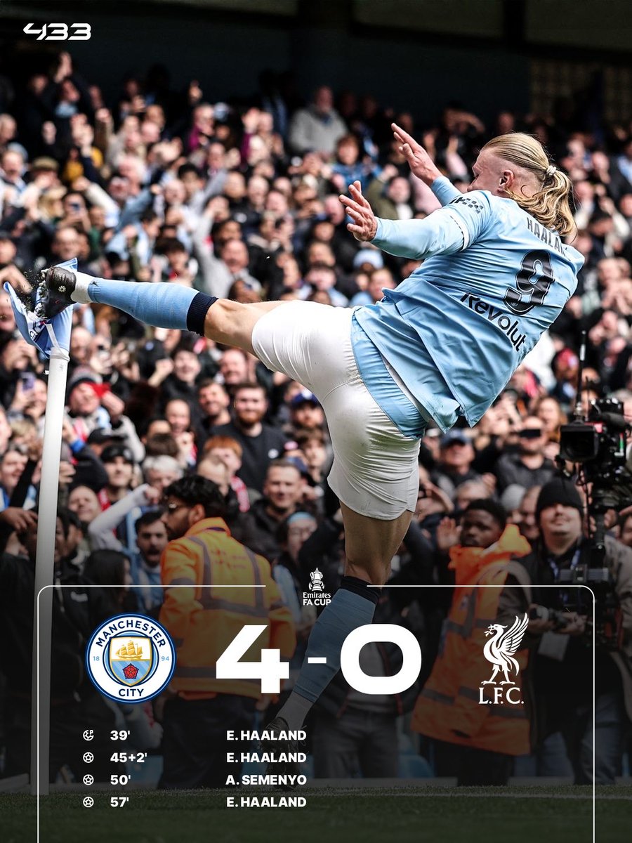 433's tweet photo. 𝐇𝐀𝐀𝐋𝐀𝐍𝐃 ⚽️⚽️⚽️

𝑴𝑨𝑵 𝑪𝑰𝑻𝒀 4️⃣➖0️⃣ 𝑳𝑰𝑽𝑬𝑹𝑷𝑶𝑶𝑳 🤯

1️⃣2️⃣ goals in 1️⃣2️⃣ FA Cup matches for Haaland 🫡

4️⃣3️⃣ goals for club and country 👏 https://t.co/bPiRrfS1cr