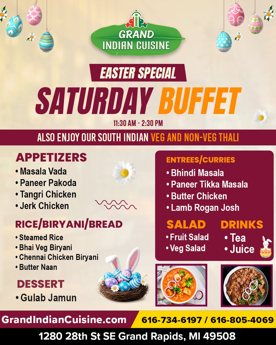 Grandindia_MI's tweet image. Easter celebrations, but make it delicious 🐣🍛

A festive buffet filled with rich flavors, comforting dishes, and sweet treats—perfect for gathering with loved ones.

#EasterFood #BuffetStyle #IndianCuisine #FestiveMeals #FoodInspo