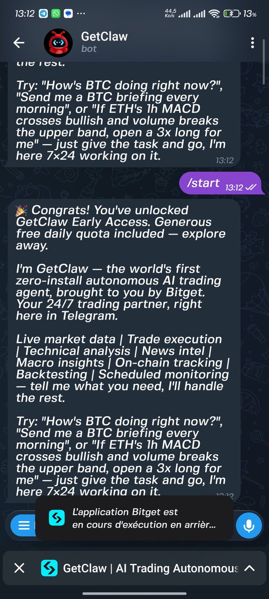 sakaHoubeida's tweet photo. Je viens de tester ce bot de trading directement sur Telegram et l'expérience était waooo
➡️ Aucun téléchargement
➡️ Gratuit
➡️ Sans frais
Franchement, c’est bluffant de voir à quel point @bitget rend le trading beaucoup plus accessible avec cette innovation.
#GetClaw #BitgetAI https://t.co/3inNH2aJ6h