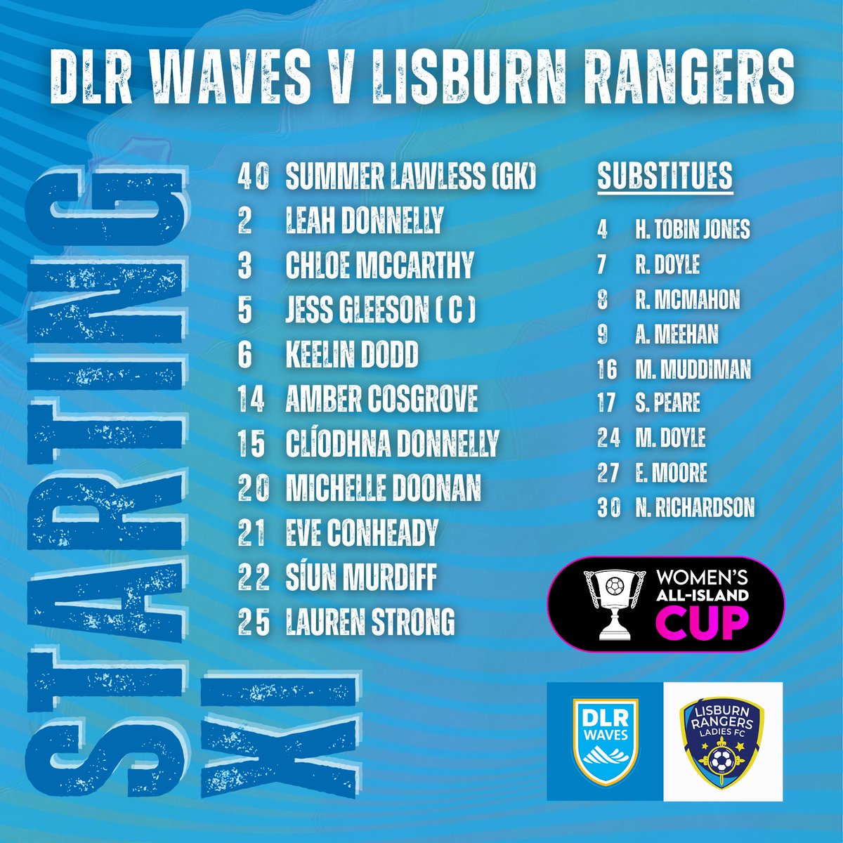 DLRWaves's tweet image. Our starting 11 to take on Lisburn in the first game of the All Island Cup 

Keelin Dodd and Amber Cosgrove return while Lauren Strong makes her first start of the season ⚽️

#Waves 🌊
