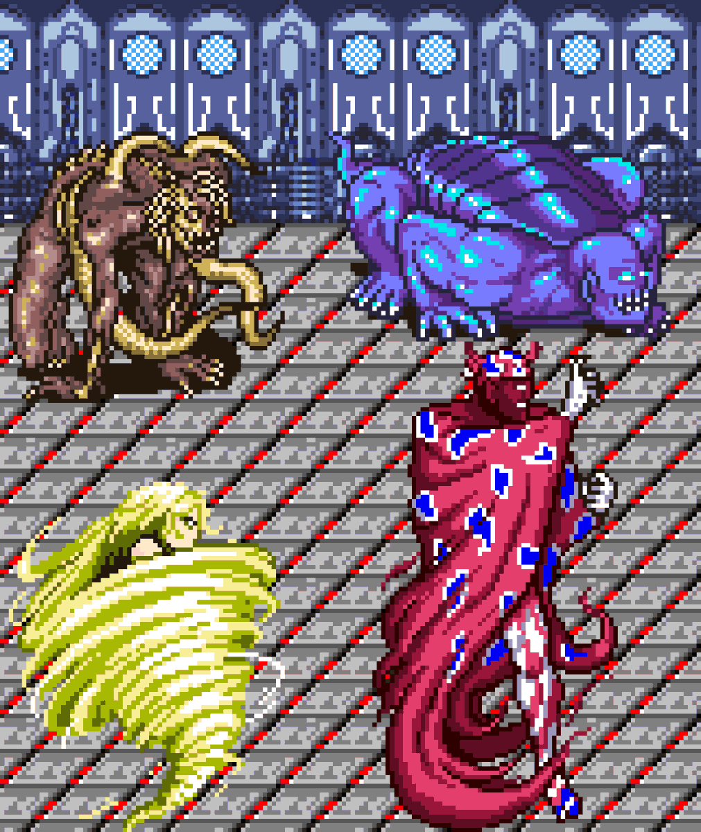 FgKIbWThku20610's tweet image. #ドット絵 #FF
SFC版FF4からゴルベーザ四天王です。自分は弱点をつけない風のバルバリシアが一番苦戦しました😰逆にパロムとテラがいる時に戦う水のカイナッツォが弱点つき放題の為、最も楽に勝てました😃巨人内部で全員と戦う際、なぜ一人毎で戦うのかツッコミたくなります。