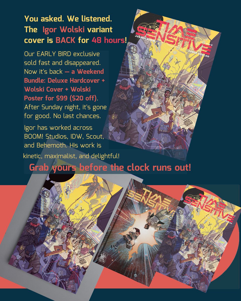 subversiverse's tweet photo. The EARLY BIRD Igor Wolski variant cover for Time Sensitive #2 is BACK. — 48 hours ONLY.  

New this weekend: the Wolski Weekend Bundle — Deluxe Hardcover + Wolski Cover + Poster for $99. After Sunday night, it's all gone.

https://t.co/Q9X7JUm5L9 https://t.co/IyL12nY84j