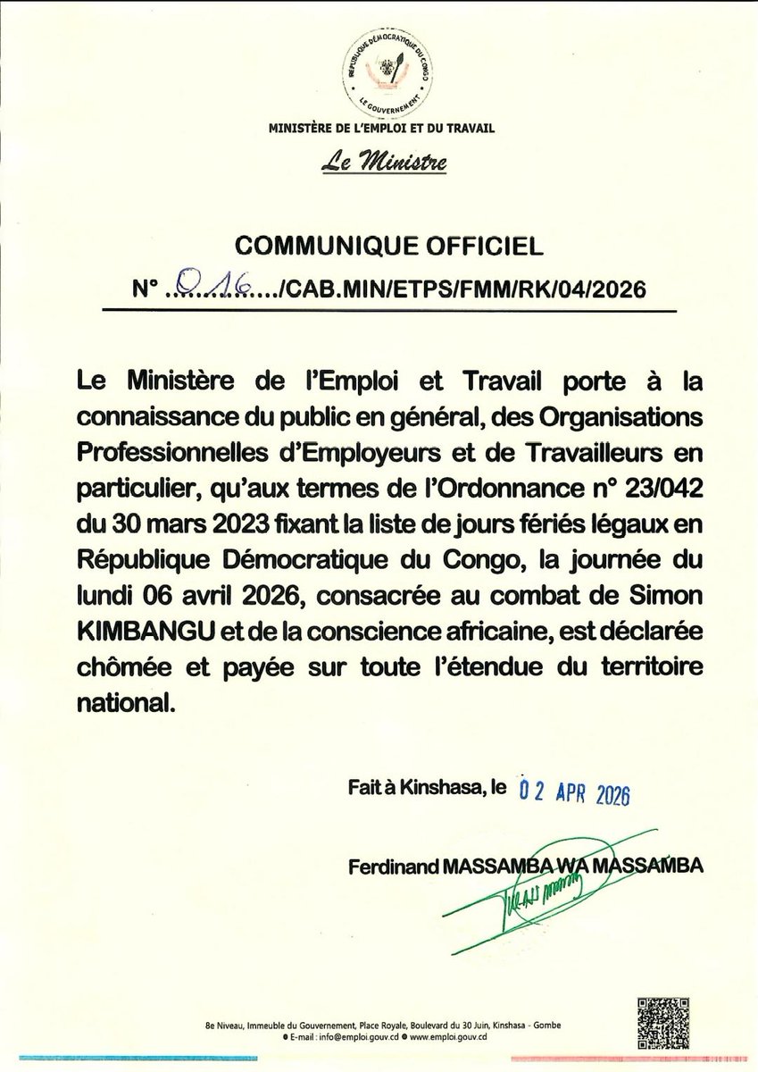 peroluwara1's tweet photo. #Rdc
Nouvelle ferié dans le pays. Chaque le 06 Avril de l'année est déclaré desormais journée chômée et payée. Elle est consacrée à honorer le combat de Simon Kimbangu.
#TokomonaMakambo. https://t.co/pJ582X0z50