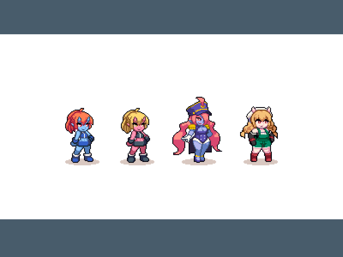 tatanushi's tweet photo. 素潜りゲー制作の傍らモンスター娘のゲームも作りたくなりざっくりお絵描き。配色が難しい…。
システムは一応考えてるのでサクっと遊べるものが出来ればと！
#ドット絵 #pixelart #スーパー開発デー https://t.co/tTB4KhXsC2