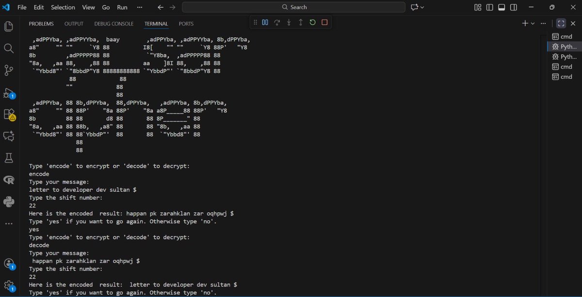 sultani_fa19148's tweet photo. This is an encryption 🏴☠️ and decryption 🗝️ cipher project by dev sultan with a shift number of 22.
@CodeToInspire
@a_daneshyar
@f_forough
#Code Tolnspire
#AfghanGirlsCoding
#Python
#Pogramming girls https://t.co/PyeOxhl2Np