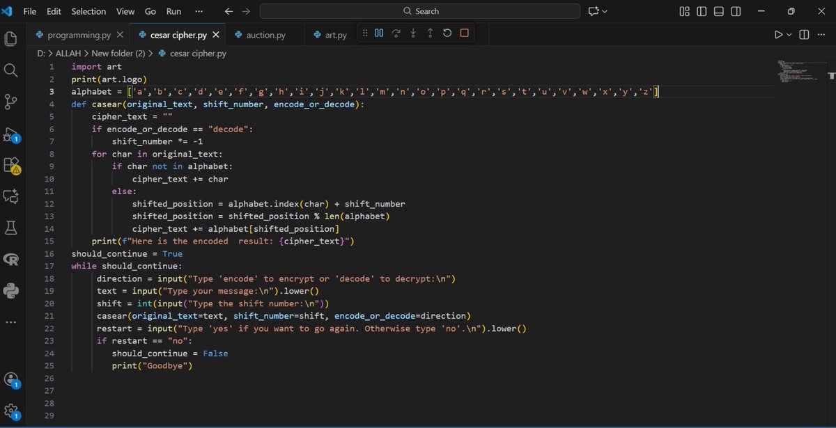 sultani_fa19148's tweet photo. This is an encryption 🏴☠️ and decryption 🗝️ cipher project by dev sultan with a shift number of 22.
@CodeToInspire
@a_daneshyar
@f_forough
#Code Tolnspire
#AfghanGirlsCoding
#Python
#Pogramming girls https://t.co/PyeOxhl2Np