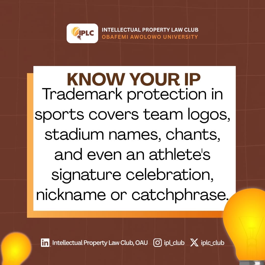 IPLC_OAU's tweet photo. Sports brands deserve protection too! 💡

Trademark protection in sports covers logos, team names, chants, and even an athlete’s signature style or catchphrase.

These elements help identify and distinguish teams, athletes, and their brands. ⚖️

#iplcoau #knowyourip https://t.co/JlCnNILcBi