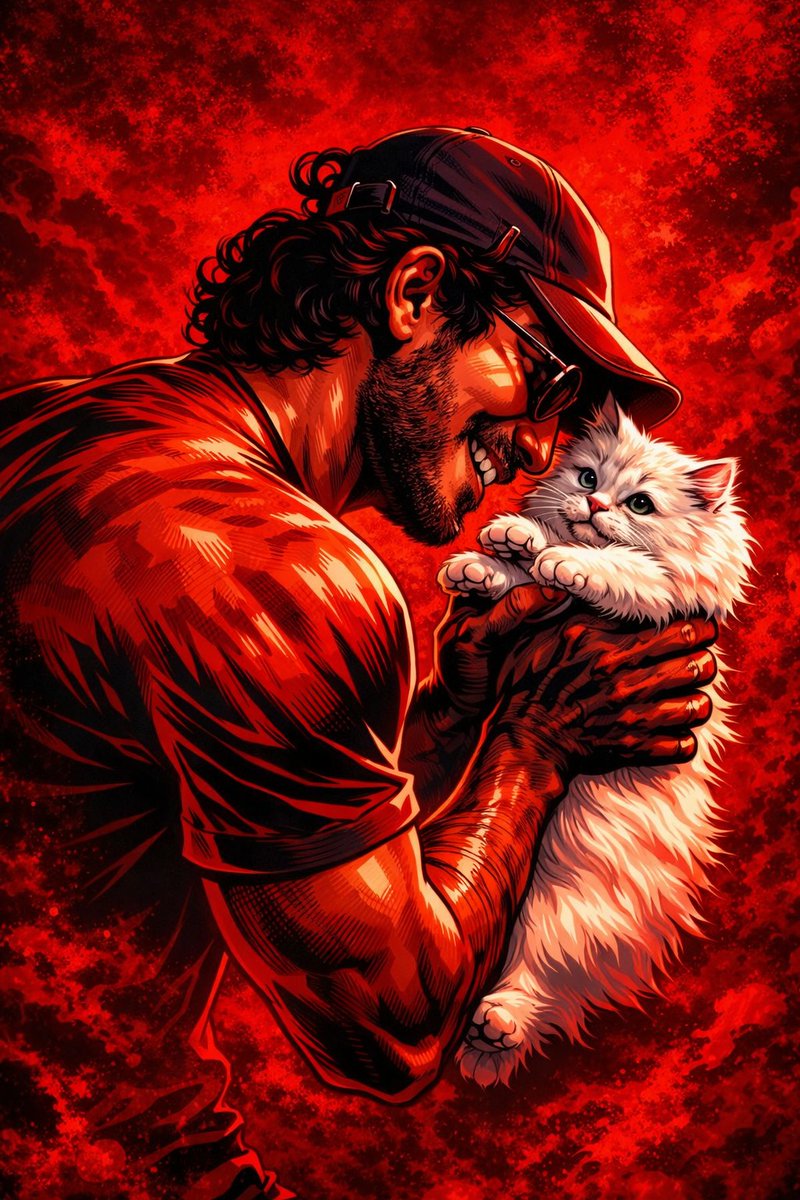 Image created on ChatGPT

Prompt: A highly stylized digital illustration of a muscular young man wearing a baseball cap and sunglasses, gently holding a fluffy white kitten close to his face. The man smiles warmly, showing a soft emotional connection, while lifting the kitten