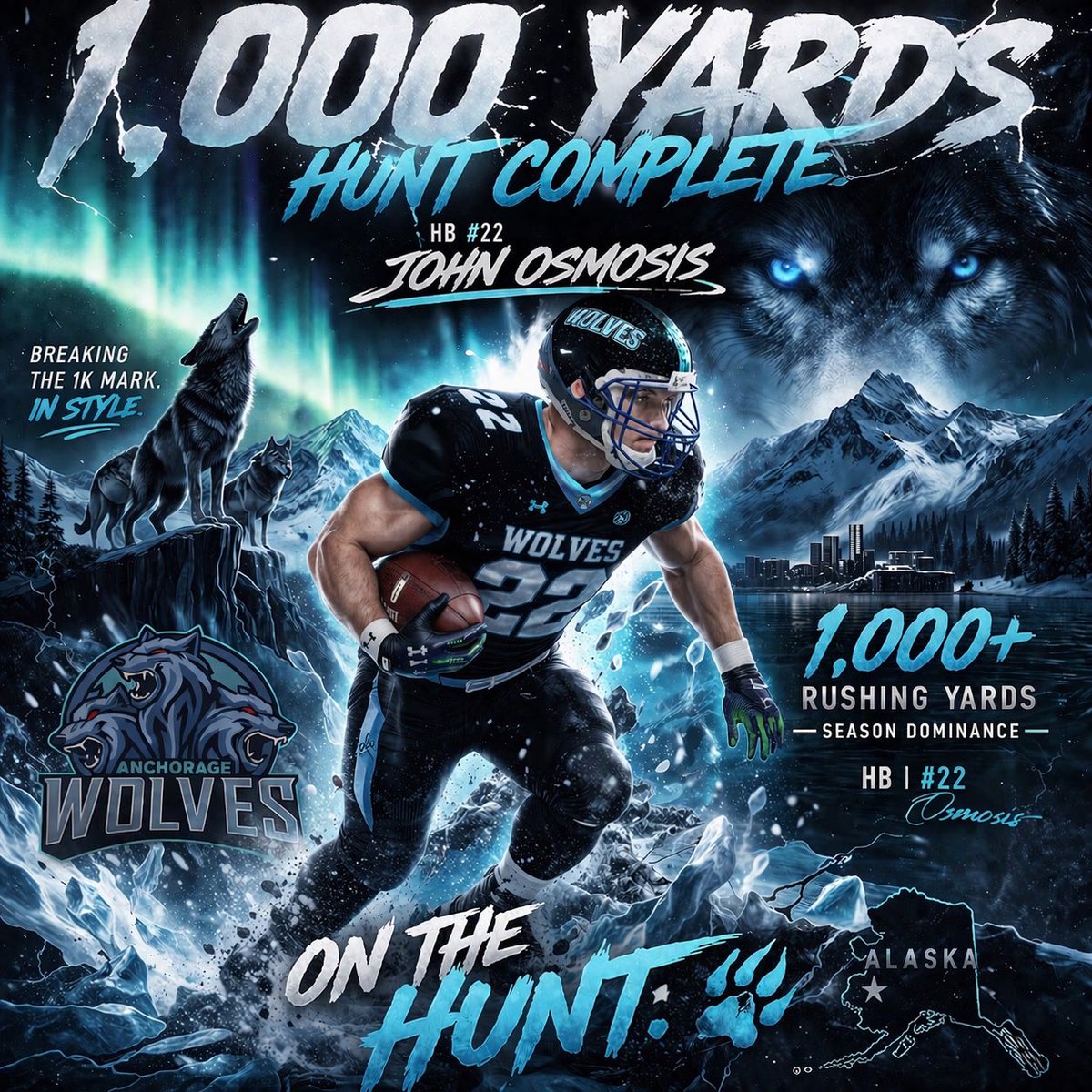 WolvesSFL's tweet photo. In the frozen north… legends are made.

HB #22 John Osmosis crosses 1,000 rushing yards on the season in week 11!
And he’s not done yet.
Hell of a job Osmosis! 

The hunt continues.

#OnTheHunt #AnchorageWolves https://t.co/qB8Ba171F4