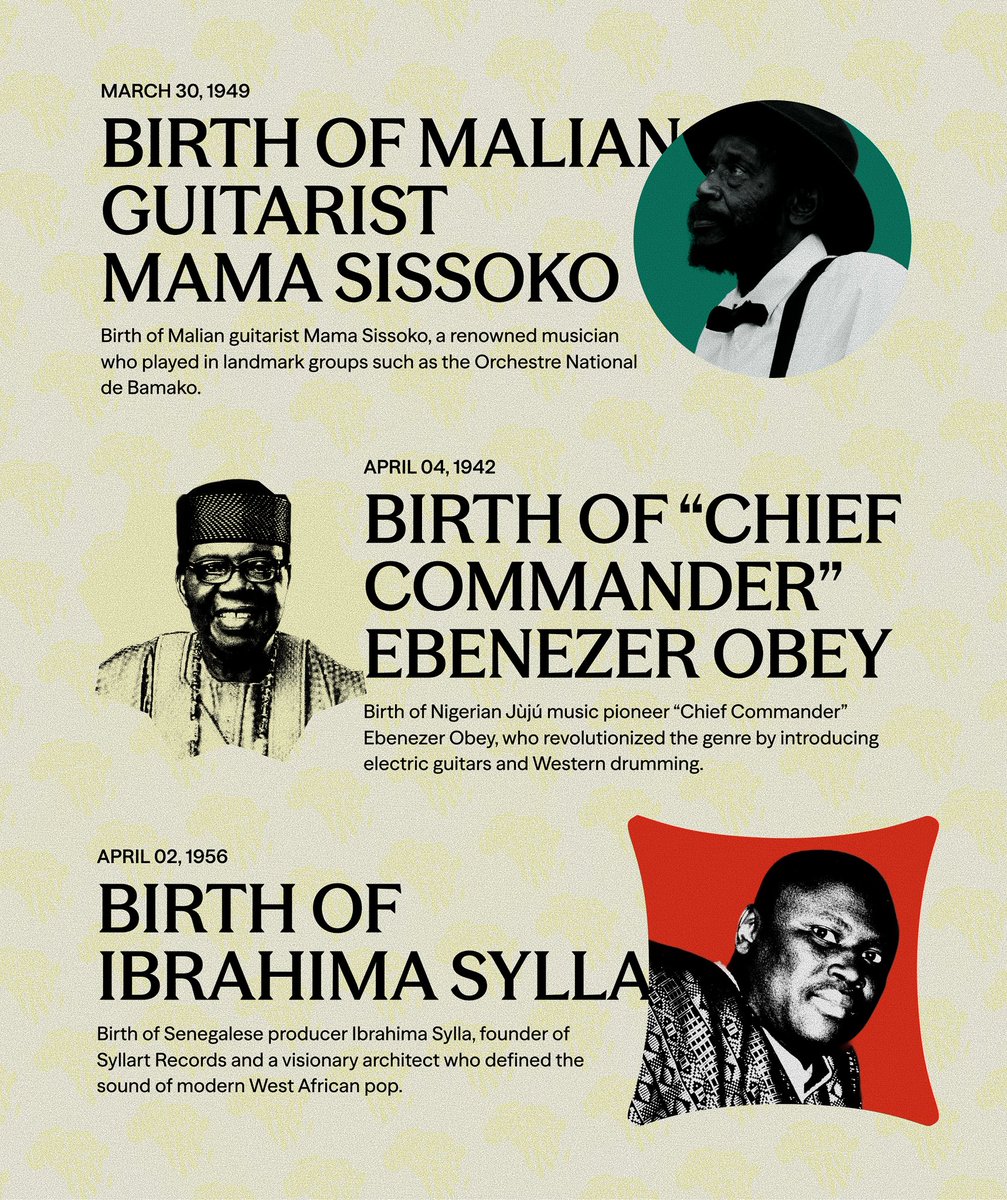 UnheardAfrica's tweet photo. This week in African music history holds a bit of everything.

From Mama Sissoko’s birth in Bamako, to Tony Allen and Fela Kuti meeting in Lagos, to FESMAN opening in Dakar.

Different moments, but this is the same history, unfolding.🤎 https://t.co/ar5m94KDZ7