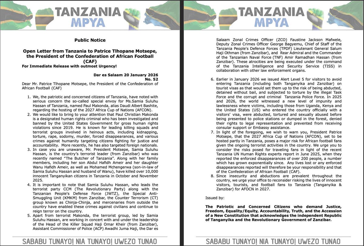 MariaSTsehai's tweet image. FYI @CAF_Media - this open letter in January from concerned citizens of #Tanzania to Patrice Motsepe 
#NoJustice #NoAFCON

“In case you are unaware, Mr. President Motsepe, Samia Suluhu Hassan, is the country’s terrorist leader (from Zanzibar) who was recently named “The Butcher