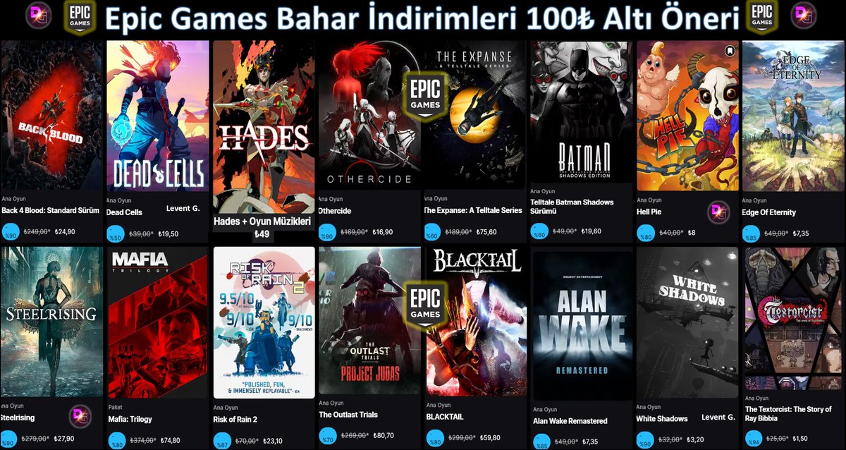 💥Epic Games 100₺ Altı İndirimli Oyun Önerileri
💥Daha önce bedava verilmemiş ve Steam'le arasında büyük fark olan oyunlardan seçmeye çalıştık. Bence oynamadıysanız, gerçekten müthiş fırsatlar var ✊
