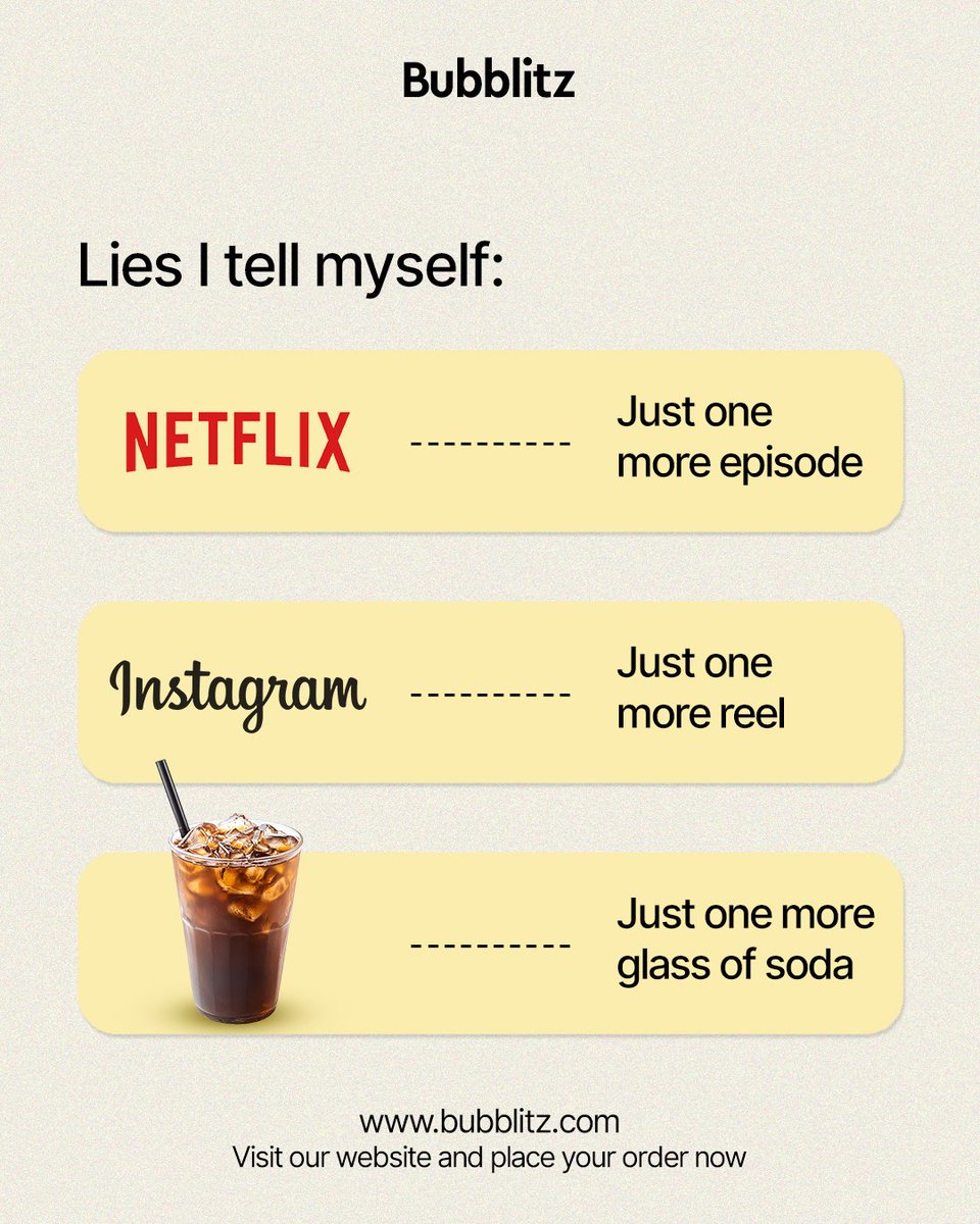 thebubblitz's tweet image. Just one more”… the biggest lie we all tell 😅
From binge-watching on Netflix to endless scrolling on Instagram… and of course, that extra glass of soda 👀🥤
Make every sip worth it with Bubblitz ✨

#JustOneMore #Bubblitz #SodaLovers #ReelLife #NetflixAndChill #DrinkBetter