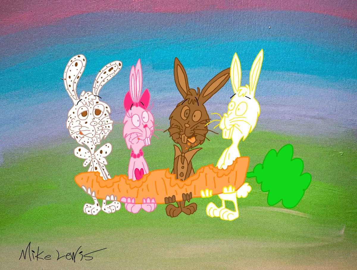 elvinmichaelle2's tweet photo. The main cast from my book, Yummy, Funny Easter Bunnies, sharing a big carrot.

A mixed-media illustration involving a drybrushed hand-painted background, and the bunnies being digitally-inked-and-painted, like in the book.

#bunnies #easter #cute #carrots #illustration #art https://t.co/7kmOywCbB9