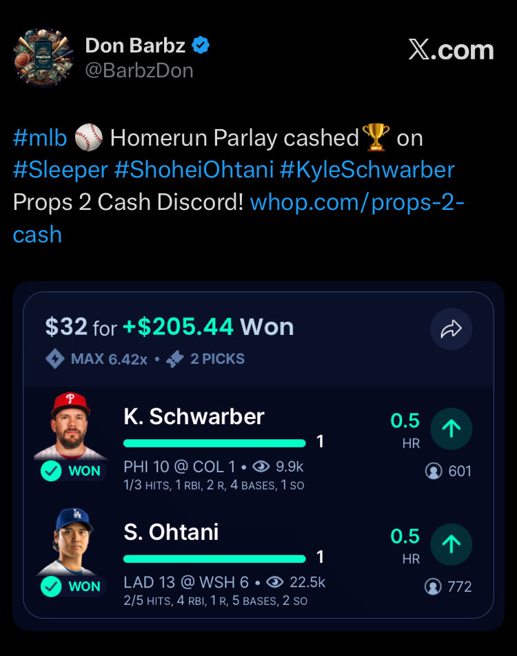 BarbzDon's tweet photo. @MLB Parlayed 2 of those n was fortunate enough to cash em yesterday ⚾️🏆
#mlb #ShoheiOhtani #KyleSchwarber https://t.co/OtOGZJjMkQ