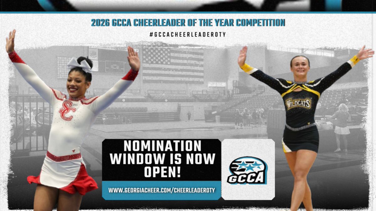 Georgia_Cheer's tweet photo. ATTENTION COACHES!!  It's time to nominate for the 2026 Cheerleader of the Year Competition!  Visit https://t.co/xsgbCyAFa1 to get started!!  
💙🤍🖤
#GCCA #GCCACheerleaderOTY https://t.co/pdF5QZlqJu
