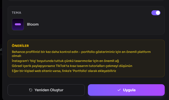 tikla.to'ya yapay zeka ile profil oluşturma özelliği getirdik. Tüm sosyal medya linklerinizi tek tek yapıştırıp profili oluşturmak için uğraşmanıza gerek yok. Yapay zeka'ya anlatın, saniyeler içinde profiliniz hazır.

Ücretsiz denemek için <a href="/tiklato/">Tikla</a>