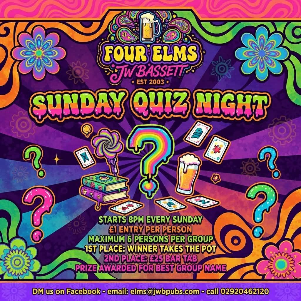 elmscardiff's tweet photo. Big Easter Sunday pub quiz at Four Elms! 🐣🧠 Last few tables remaining so be quick and DM us to book your team in. £1 entry per person, with a £35 rollover pot from last week, starts at 8pm. Come win big this Easter 🍺🏆 #EasterQuiz #PubQuiz #QuizNight https://t.co/o3czSV9VZp