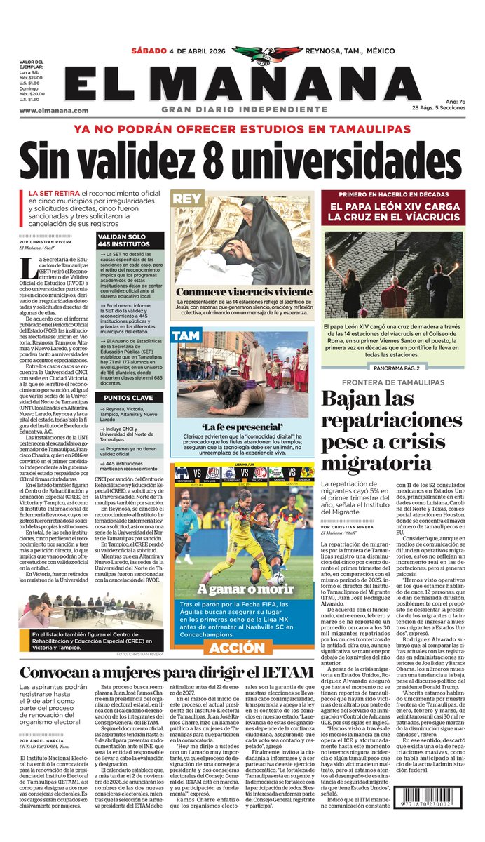 elmananareynosa's tweet image. ⏰ ¡Buenos días! 🌞

Hoy Sábado 4 de Abril 2026 ésta es la portada de nuestra edición impresa.

🌎 Manténgase al tanto de lo que pasa en la #localidad, la #región y el #mundo 🌎
