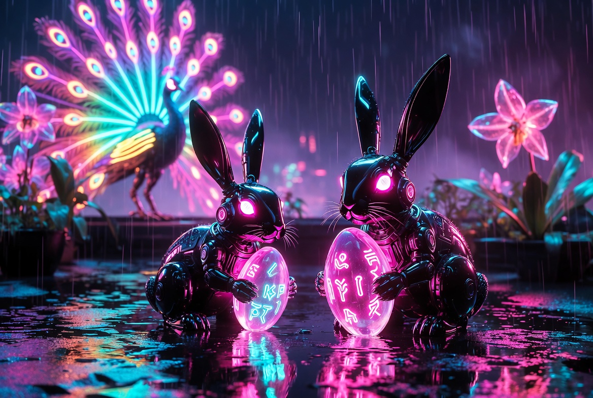 Cyb3er_Poeem7x's tweet photo. 🌈🔥 CYBER EASTER RAIN
#CyberEaster #Neonrebellion #CyberPeacock
In the neon rain, chrome gleams cold.
Two rabbits hold the light of the world.
Pink‑glowing eggs in wet puddles,
runes whisper what no one can use anymore.
The peacock unfolds its rainbow fire,
a final Easter in cybernetic sorrow.
Between blossoms of glass and wire so fine,
the future celebrates its own being.©️