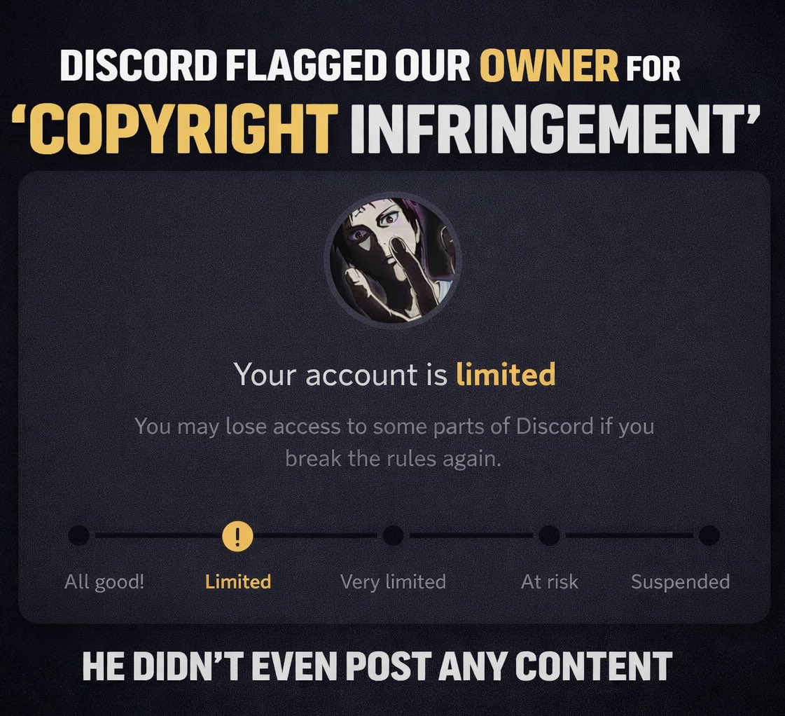 teamvizHQ's tweet photo. Team Owner “TyroFPS” has been temporarily limited on the @discord platform after being flagged for alleged copyright infringement.

The violation appears to have been triggered by an AI moderation system, which raises concerns about accuracy and false positives. https://t.co/sB4CZkCEGg