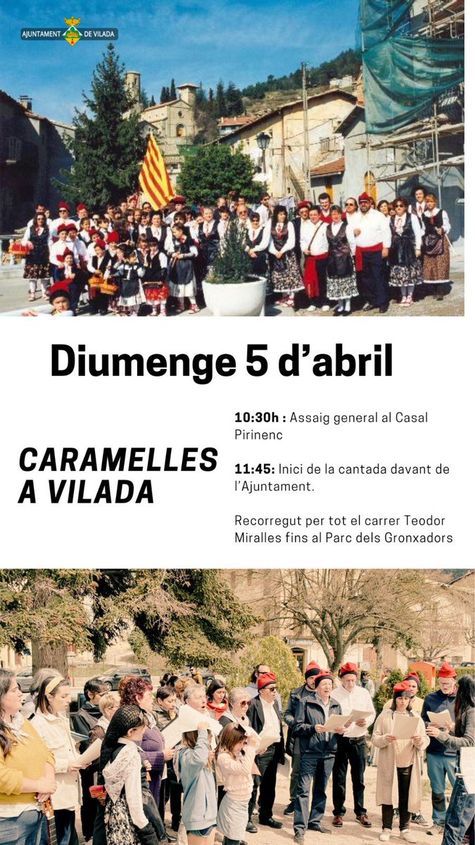 AjVilada's tweet photo. Pasqua a Vilada. 

Diumenge 5 d’abril Caramelles 🎶

Dilluns 6 d’abril 🥚 truitada popular 

#visitvilada #vilada #elberguedà https://t.co/MgH3jgbsFu