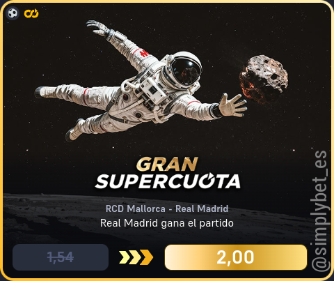 simplybet_es's tweet image. 🔊🔊 Supercuota DORADA Winamax 🔊🔊

⚽️ RCD Mallorca - Real Madrid (Hoy 16:15)
Real Madrid gana el partido
1.54 ➡️ 2.00 (29.87%) [10€]

#winamax #supercuota #dorada