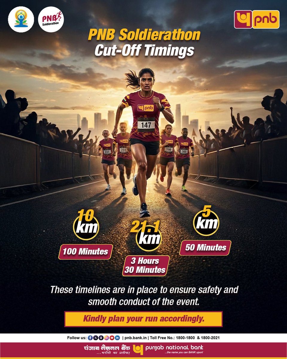 pnbindia's tweet image. A quick reminder for all participants to stay aware of the cut-off timings and set their pace accordingly.
Wishing all participants the very best for PNB Soldierathon 2026.

#PNB #Banking #PNBSoldierathon #Soldierathon2026 #PNBSoldierathon2026