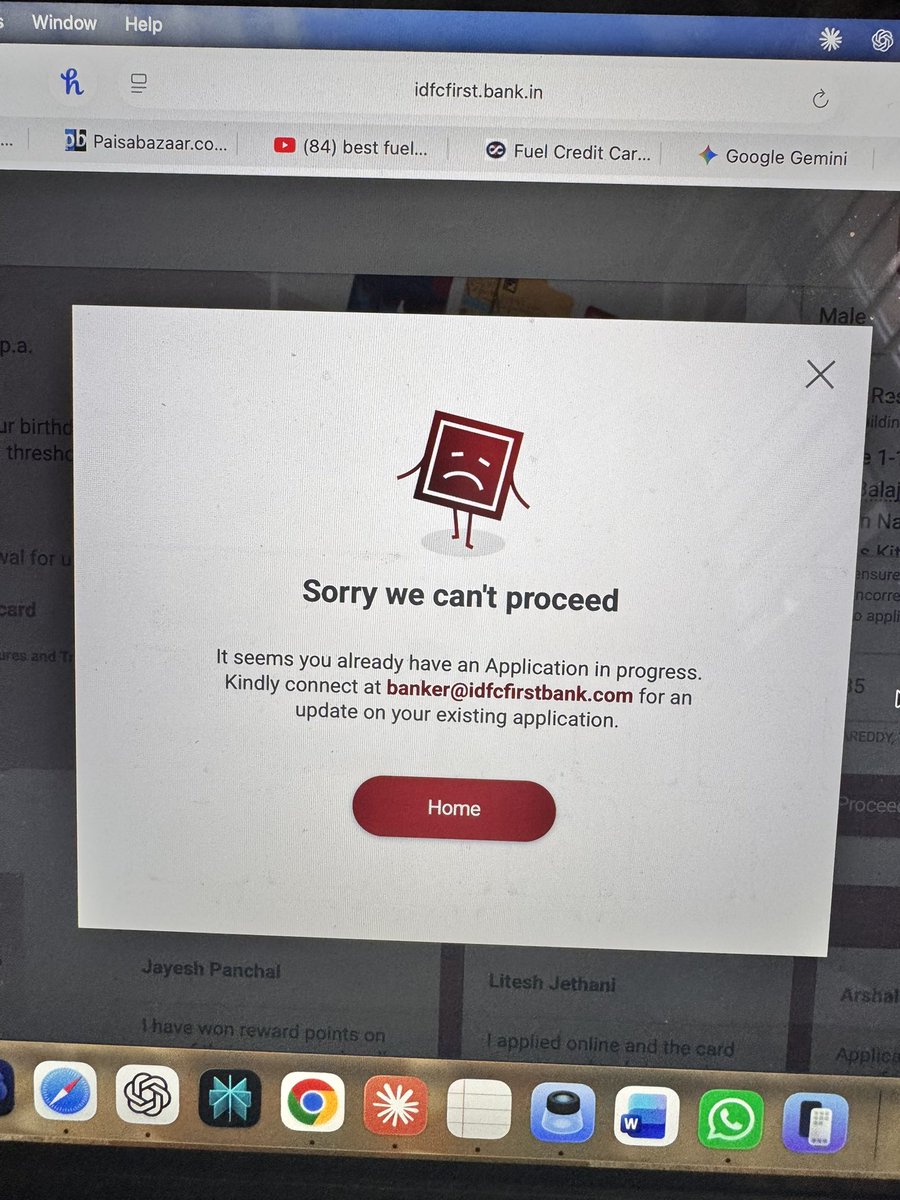 SureshAndem's tweet photo. Hi @IDFCFIRSTBank @IDFCFIRSTCare,  #CreditCardIssue I want to get the IDFC Power Plus Credit Card, but your system has locked me out since 2025 with a fake "Application in progress" error. My PAN is stuck in a backend glitch. Please help clear this old data so I can reapply. https://t.co/ZV0WK1CBYY