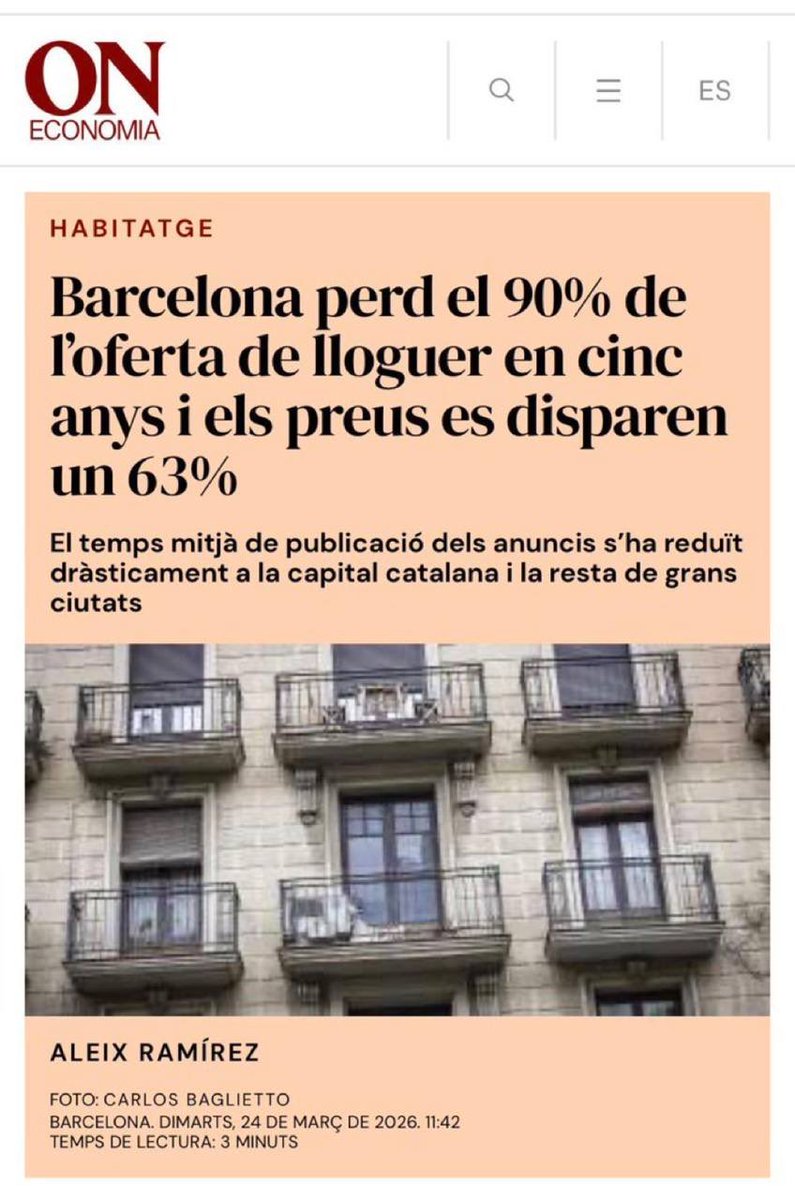 ResistenciaCat's tweet photo. Les polítiques d'habitatge de l'esquerra i l'extrema esquerra donen el resultat esperat : 
⬇️ 90 % de l'oferta de lloguer
⬆️ 63 % dels preus https://t.co/BQVvk4Os1c