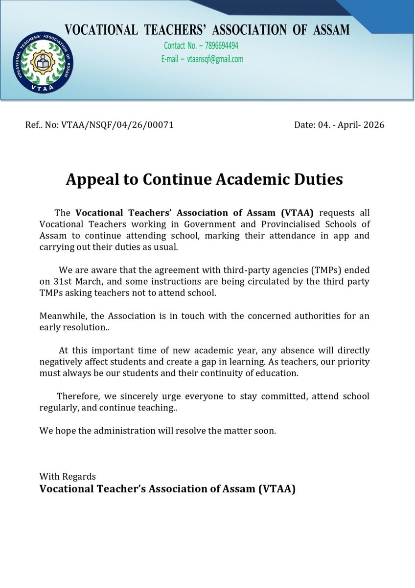 VTAA_NSQF's tweet photo. AN APPEAL TO ALL VOCATIONAL TEACHERS OF ASSAM 

Students shouldn’t suffer because of administrative delays and third party TMP's directions.

Despite uncertainty, Vocational Teachers across Assam will continue to stand in classrooms. For us, students come first, always.

We teach. We show up.

For kind information:
1. Hon'ble Chief Minister of Assam @himantabiswa @CMOfficeAssam 
2. Hon'ble Education Minister of Assam @ranojpeguassam 
3. Dr. Om Prakash, MD, Samagra Shiksha Assam @Samagra_Assam 
4. Shri Sanjay Kumar, Secretary, Department of School Education and Literacy, Govt. of India @sanjayjavin