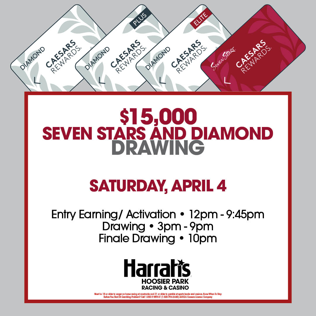 HoosierPark's tweet image. Seven Stars and Diamond guests, join us TONIGHT for our $15,000 Seven Stars and Diamond Drawings! The drawing begins at 3pm with a finale at 10pm!  #comeoutandplay