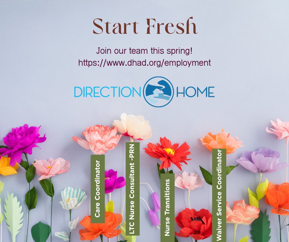 DirectionHomeAC's tweet photo. Start fresh this spring with a new career start! Help us spread the word - we're looking for applications to pick! 🌷 💐 
🌻 Care Coordinators / Waiver Service Coordinators (multiple openings)
🌹 LTC Nurse Consultant - PRN
🌸 Nurse Transitions Specialist
https://t.co/NQxg6lRXqc https://t.co/rlbln1oQLH