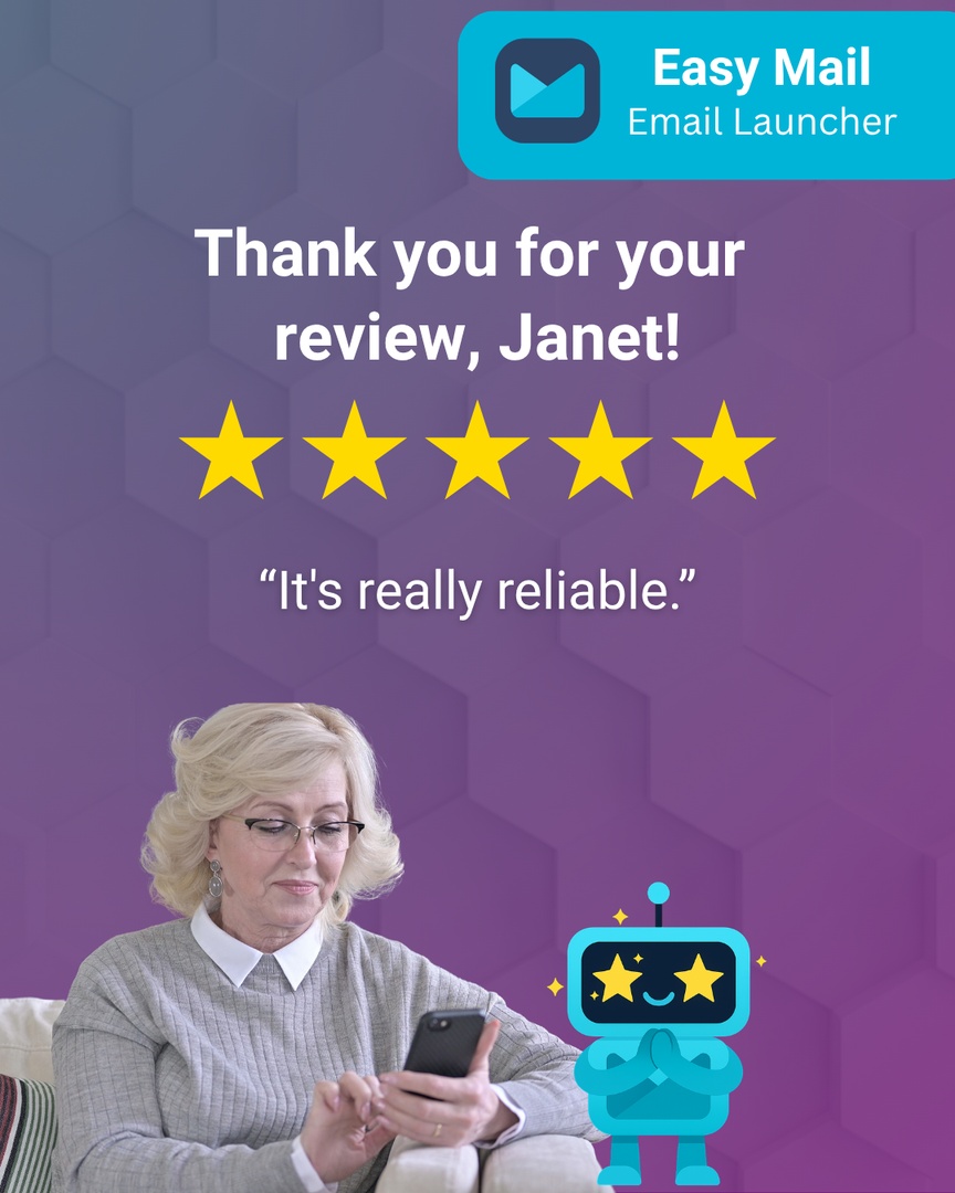 EasyMail_App's tweet image. ⭐️⭐️⭐️⭐️⭐️  Thank you for the review, Janet! 🙌 

Reliable might not sound flashy, but it's everything when it comes to the apps you depend on every single day. 💙 

Thanks for trusting us with your inbox 🚀 

#CustomerLove #AndroidLauncher #UserReview