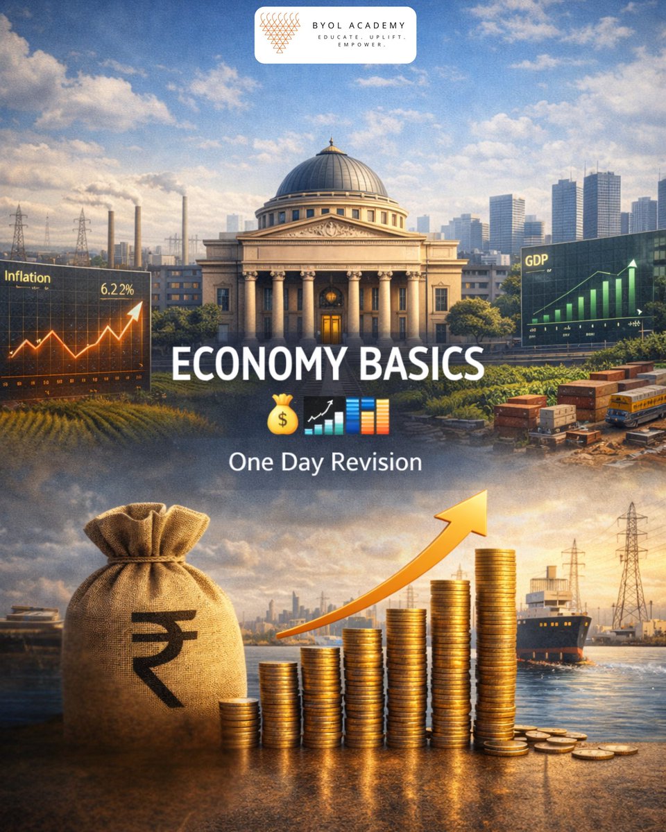 byolacademy's tweet photo. Understanding the basics of the economy is the first step toward understanding the world
From GDP to inflation, these core concepts explain how growth, prices, and policies shape everyday life.
#EconomyBasics #Economics #GDP #Inflation #FinanceKnowledge #EconomicConcepts #LearningEconomics #MoneyMatters #IndianEconomy #UPSCNotes #StudySmart #ConceptClarity #FinanceEducation #EconomicAwareness