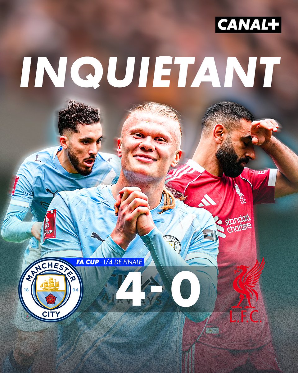 CanalplusFoot's tweet photo. Liverpool prend une claque avant d’aller à Paris 💥

Les Reds sont éliminés de la FA Cup après cette défaite cinglante face à Manchester City. Une seule victoire lors des 5 derniers matches pour la formation d’Arne Slot 😬 https://t.co/jBnsBi5qgT