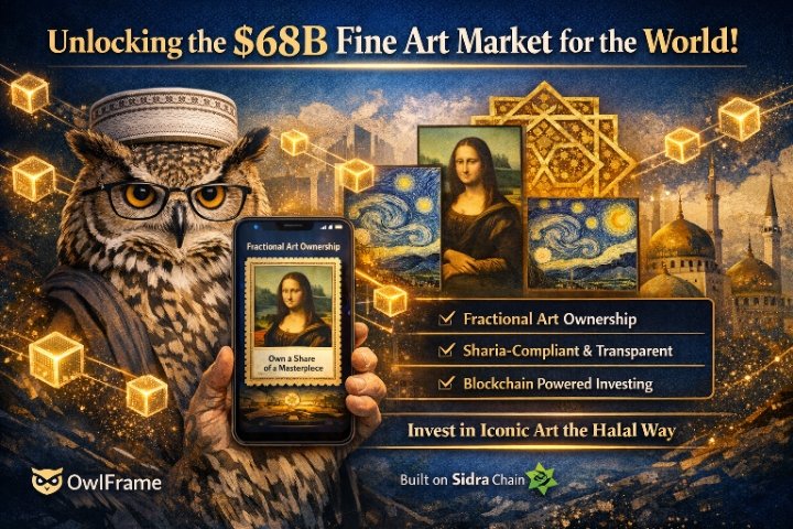 bamba27243's tweet photo. > OwlFrame est en train de débloquer le marché de l’art de 68 milliards $ 🌍✨  
> Fractional ownership de chefs-d’œuvre, Sharia-compliant, transparent et accessible à tous.  
> Construit sur Sidra Chain.  
> #OwlFrame #SidraChain #ArtInvestment #CryptoArt https://t.co/APVV8VcUMO