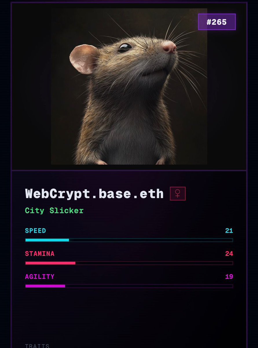Web_Crpt's tweet photo. I wasn’t even planning to try out anything new today until  I saw that @Metacade_ just dropped a new game called RATWAY 

I already got myself a racer, my own personal rat 

I haven’t named him yet, just trying to see what it can actually do first.

But, from what I can tell, it’s pretty simple:

All you need to do is MINT your rat with $MCADE, TRAIN it, and ENTER races with it.

I haven’t run a proper race yet, but I’m about to test it out.

Let’s see how it goes.

If you’ve got one already one, what did you name yours?

See you on the track soon