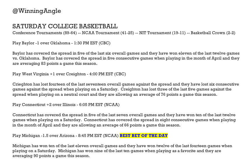 WinningAngle's tweet image. SATURDAY COLLEGE HOOPS 🏀 - Here are my plays and analysis for today.  Let's have some fun, enjoy this great day, and get these winners!! #NCAAB #FinalFour #BasketballCrown #MarchMadness