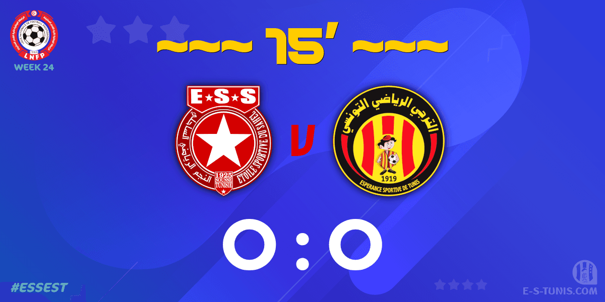 ESTuniscom's tweet photo. ⏱ 15' | #Ligue1Tn🇹🇳 Week 24 #ESSEST | #ESSahel 0⃣-0⃣ @ESTuniscom : Score reminder / تذكير بالنتيجة / Rappel du score https://t.co/E8OuTKlX5C