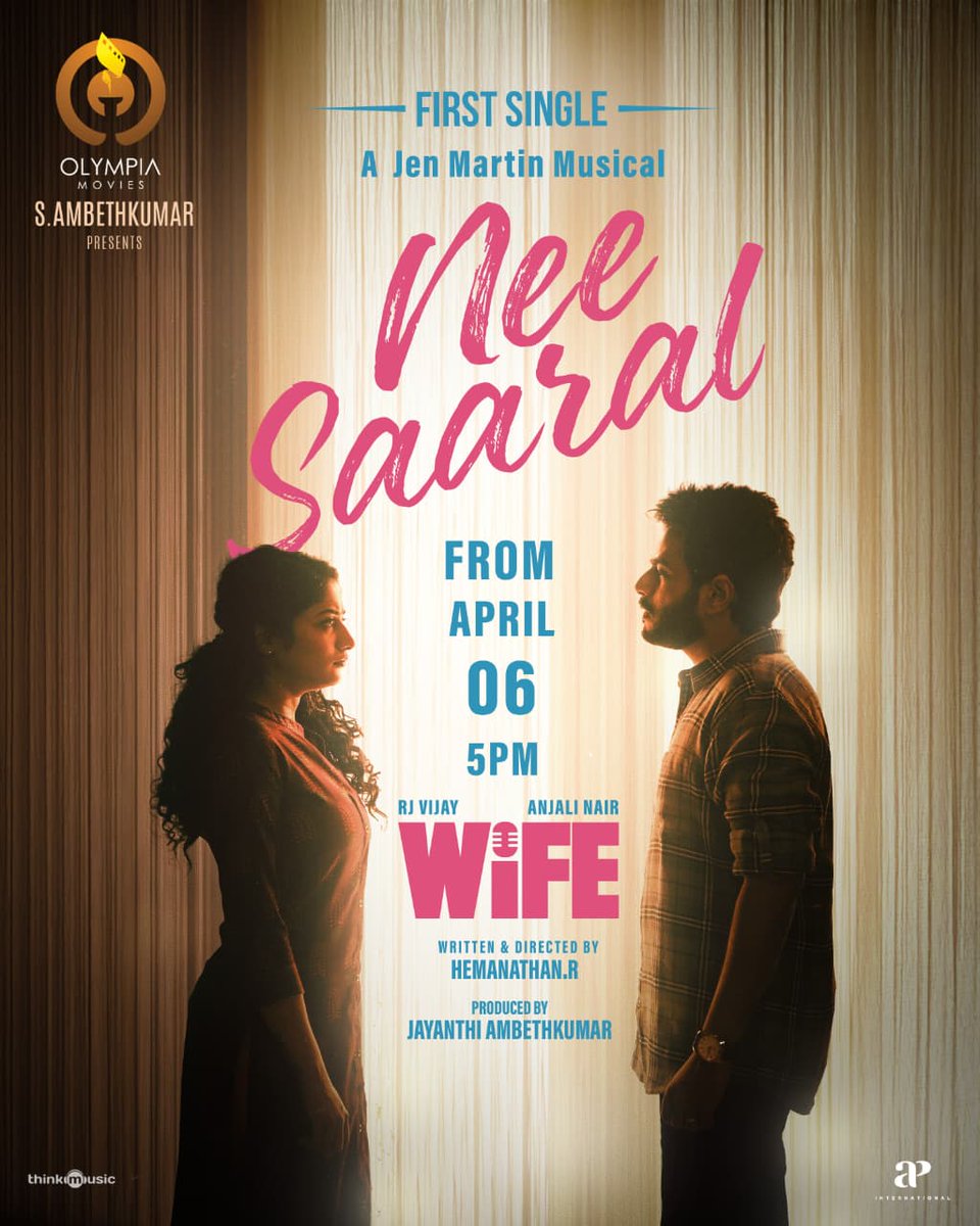 amnmovietalks's tweet photo. The wait melts into melody… 🎶
First single #NeeSaaral from #Wife drops on April 06 at 5 PM ⏳

@RJVijayOfficial @ambethkumarmla @olympiamovis @dir_hemanathan @JenMartinmusic @ianjalinair @Abishek_jg @shakthi_dop @sanjay_cheqba @DPonnuraj @gayathribala21 @sharmaseenu11 @VishnuEdavan1 @proyuvraaj