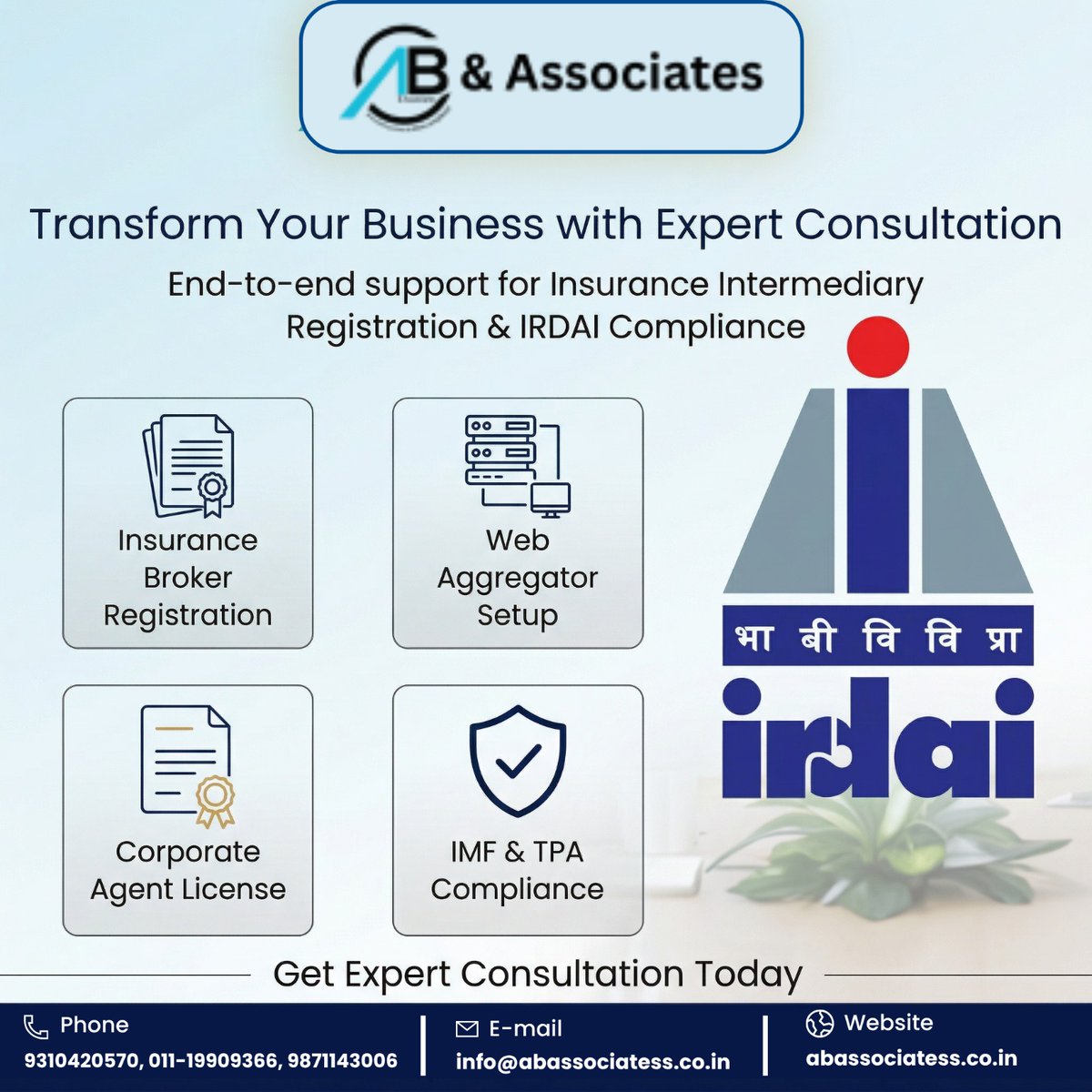 ab_associates1's tweet photo. Transform Your Business with Expert Consultation 🚀

#InsuranceConsulting #IRDAICompliance #InsuranceBrokerRegistration #WebAggregator #CorporateAgent #IMF #TPA #RegulatorySupport #BusinessGrowth #ABAssociates https://t.co/UCkln6TZp6