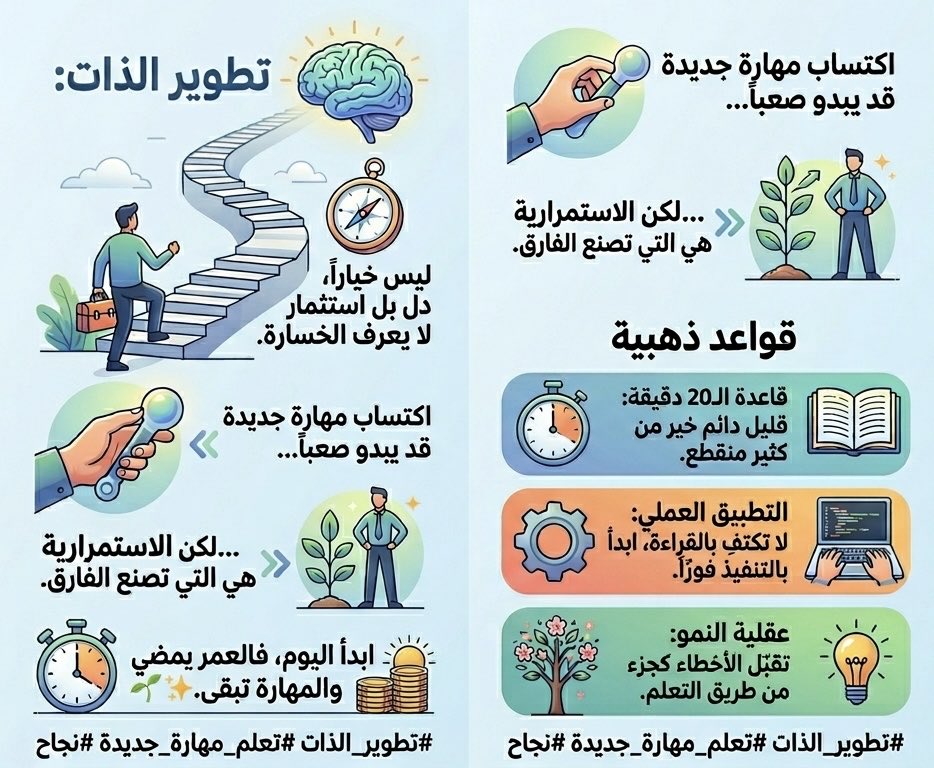 alqsad19558's tweet image. تطوير الذات ليس خياراً، بل هو استثمارك الرابح دائماً. 📈
اكتساب مهارة جديدة يحتاج فقط:
 * استمرارية: ولو لـ 20 دقيقة يومياً.
 * تنفيذ: الممارسة تغلب القراءة.
 * مرونة: الخطأ هو أول خطوات التعلم.
ابدأ الآن.. المهارة هي الأثر الذي لا يزول. 🌱✨
#تطوير_الذات #نجاح #تعلم