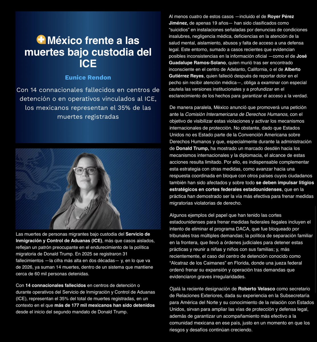 EuniceRendon's tweet image. 🗞️ México frente a las muertes bajo custodia del ICE

Las muertes de #migrantes bajo custodia del #ICE 🚨 no son hechos aislados: reflejan un patrón alarmante del endurecimiento migratorio de #DonaldTrump.

#México ha reaccionado, pero no basta: se requiere presión internacional,