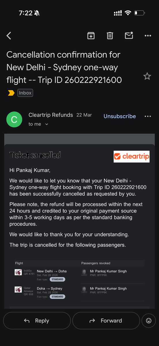 pankieKS's tweet photo. @Cleartrip On 22nd of Mar @Cleartrip sent me an email saying that the payment will be processed in 24 hrs. And now you are saying it is going to take 10-12 working days. How on earth is your operation being run? @IndiGo6E @qatarairways @jagograhakjago https://t.co/JIUDVtLwwb