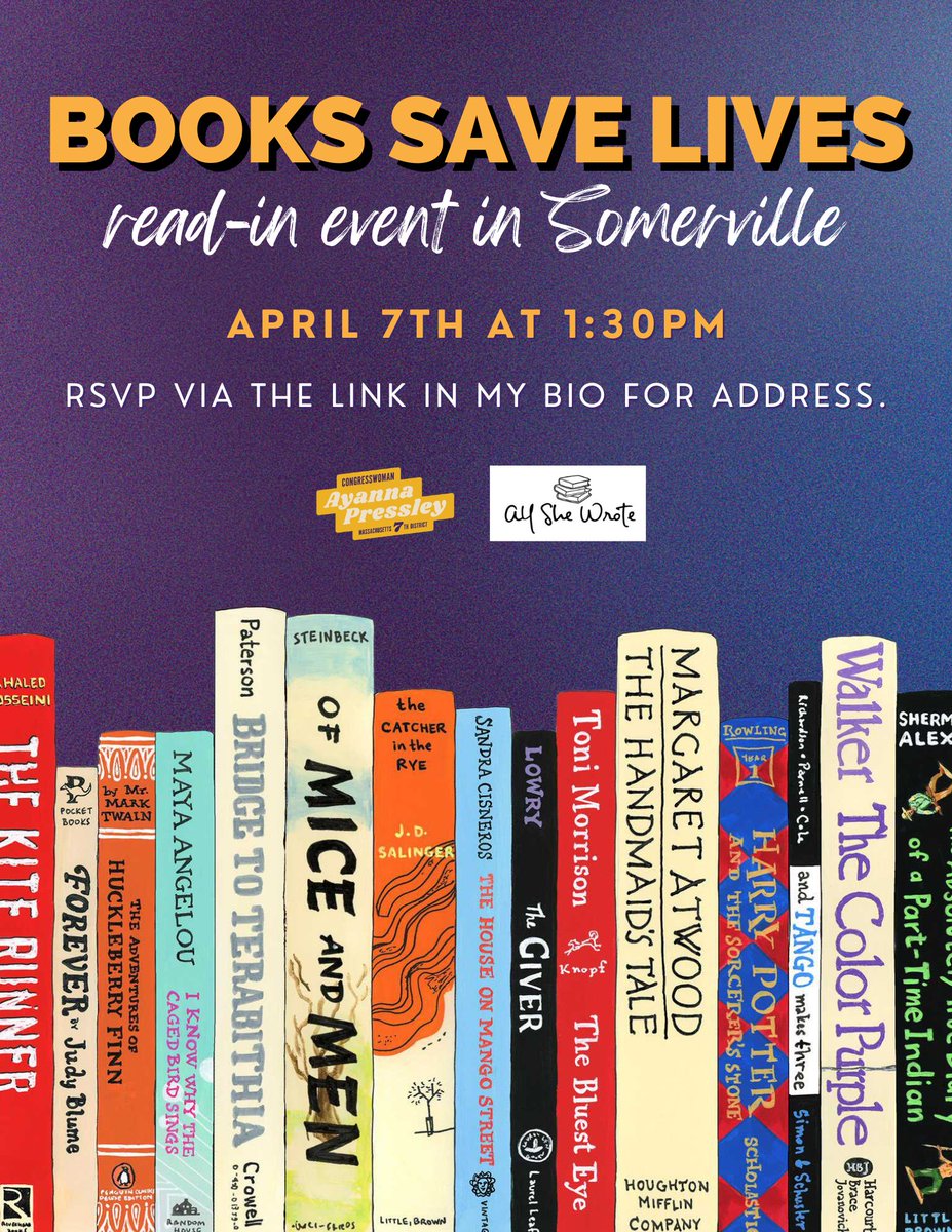 RepPressley's tweet photo. Everyone has a right to read, learn, &amp; see themselves reflected in our literature.

Join us Tuesday for a read-in event in Somerville &amp; to discuss how we're pushing back against book bans.

You can RSVP via the link in my bio. https://t.co/DthVuFedMW
