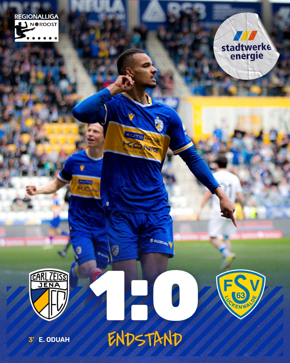 fccarlzeissjena's tweet image. 𝐄𝐍𝐃𝐒𝐓𝐀𝐍𝐃

Abpfiff. Heimsieg zum Osterwochenende.
Wir schlagen den FSV 63 Luckenwalde mit 1:0 durch das Tor von Emeka Oduah.

#FCC #MehrAlsFussball #fccarlzeissjena #regionalliga #regionalliganordost #meistermüssenaufsteigen #FCCLUC