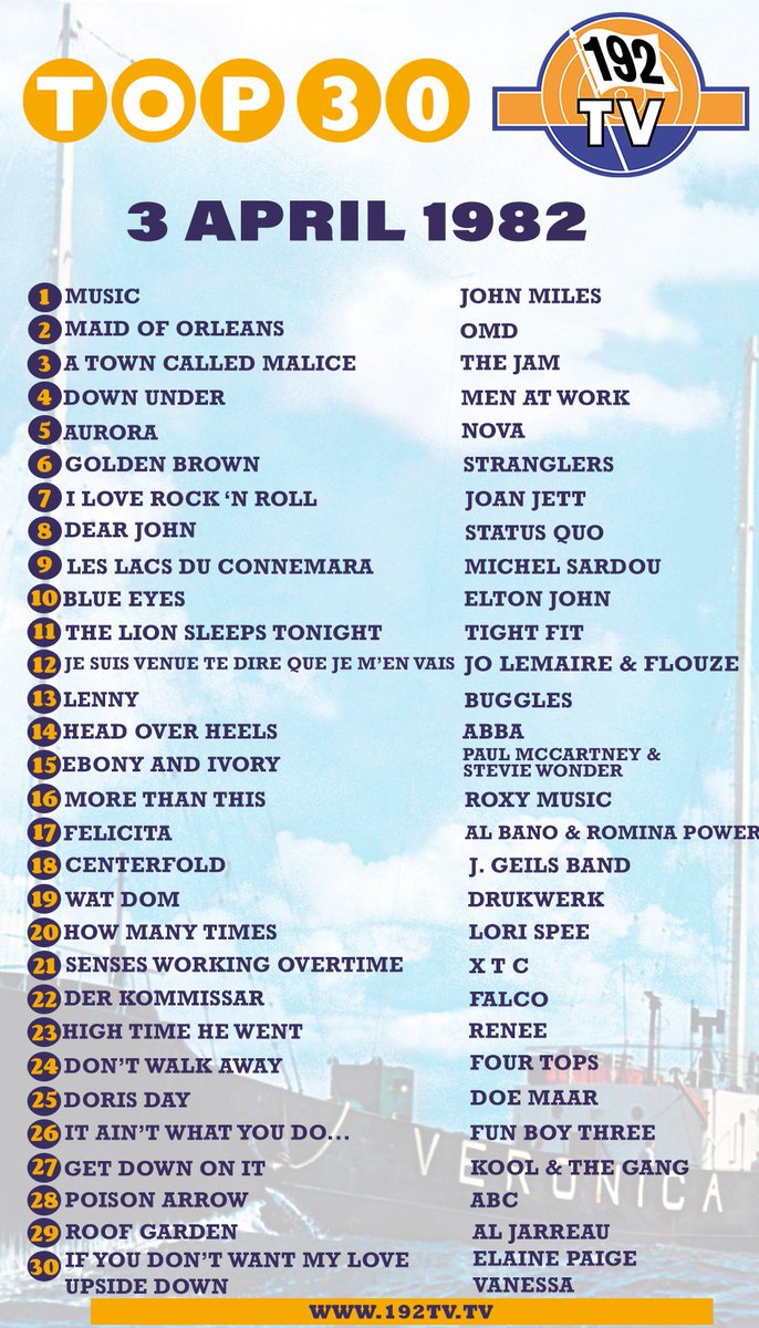 192TV's tweet image. De Top 30 van 3 april 1982 volgens de kijkers van 192TV. Presentatie Ad Bouman, nu op 192TV