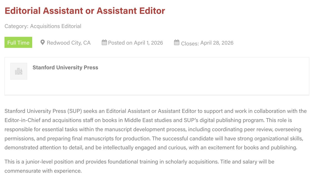 simongandrew's tweet photo. An exciting opportunity to join the editorial team at Stanford University Press and to gain a foundation in the world of scholarly acquisitions. https://t.co/ELgIEZpS6s